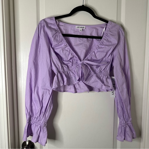 LILY STAR NWT Purple Lilac Ruched Tie-Front Puff Sleeve Crop-Top - Picture 1 of 5